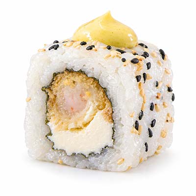 Kalifornische Tempura-Garnelen, Ziegenkäse, gegrillte Zwiebeln, Currysauce – Easy Sushi