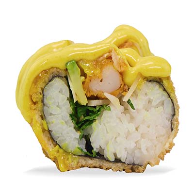 Warme Rolle mit gebratenem Hähnchen, Avocado, Rucola, Parmesan, gegrillten Zwiebeln und Currysauce – Easy Sushi