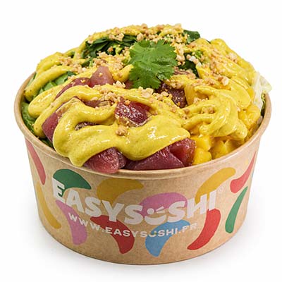 Poke Bowl mit rohem Thunfisch, Reis, Kohl, Rucola, Mango, Avocado, Currysauce – Easy Sushi