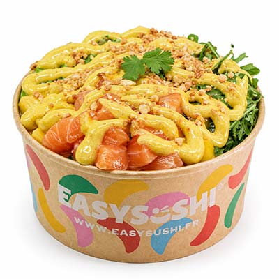 Lachs-Poke-Bowl mit Reis, Kohl, Mango, Avocado, Rucola und Currysauce – Easy Sushi