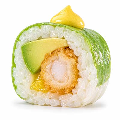 Frühlingsrolle mit Tempura-Garnelen, Mango, Avocado und Currysauce – Easy Sushi