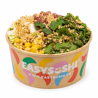Poke bowl belle île en mer, thon cru, choux, riz, roquette, mangue, coriandre, avocat, jus de citron, cacahuètes, sauce tartare maison - Easy Sushi