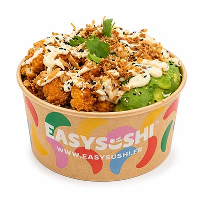 Poke bowl César, filet de poulet frit, roquette, avocat, parmesan, riz, coriandre, cébettes, oignons grillés, sésame, sauce césar maison - Easy Sushi