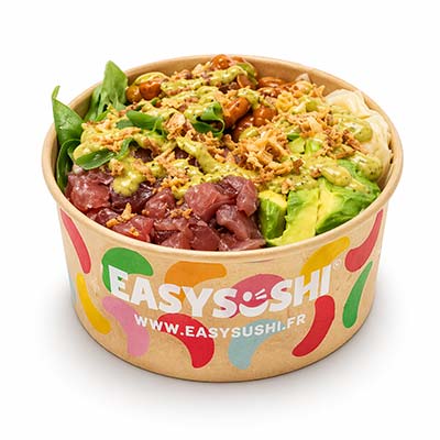Poke bowl italien, jambon cru, parmesan, roquette, avocat, cébette, tomate, pesto, oignons frits, riz - Easy Sushi