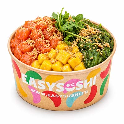 Poke bowl norvégien, saumon, choux, riz, mangue, avocat, roquette, coriandre, jus de citron, cacahuètes, sauce tartare maison - Easy Sushi