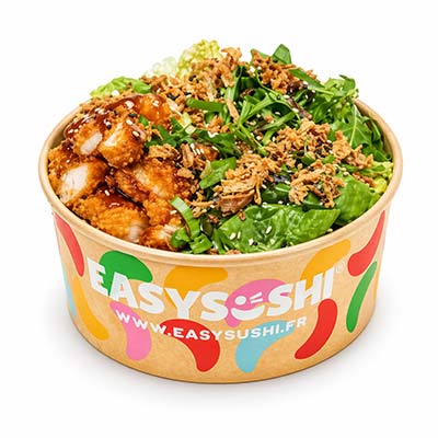 Poke bowl poulet craquant, filet de poulet frit, riz, choux, concombre, avocat, roquette, coriandre, oignons frits, sésame, sauce tartare maison - Easy Sushi