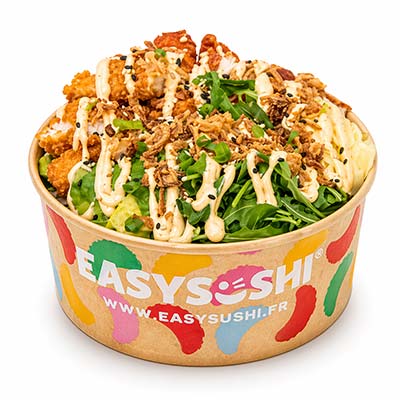 Poke bowl poulet gourmand, filet de poulet frit, riz, avocat, tomates confites, roquette, parmesan, coriandre, cébettes, oignons frits, sésame, red sauce maison - Easy Sushi