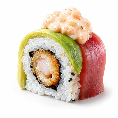 Regenbogen-Tempura-Garnelen, Avocadoblätter, Thunfisch-Nigiri, hausgemachte Lachscreme – Easy Sushi