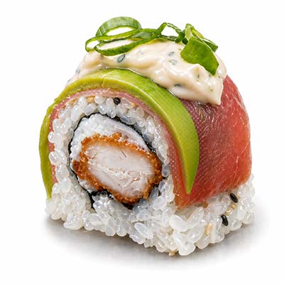 Regenbogen-Hähnchen, Ziegenkäse, Avocadoblätter, Prosciutto, weiße Sauce, Frühlingszwiebeln – Easy Sushi