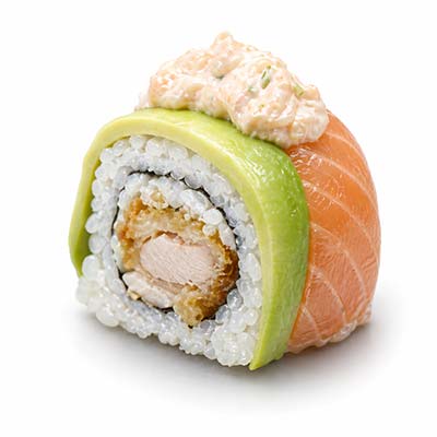Regenbogen-Tempura mit Thunfisch, Ziegenkäse, Avocadoblättern, Lachs-Nigiri und hausgemachter Lachscreme – Easy Sushi