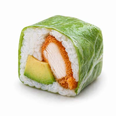 Frühlingsrolle mit Avocado, scharfem Hähnchen und grünem Salat – Easy Sushi
