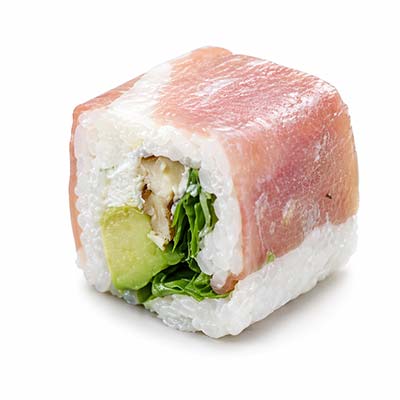 Frühlingsrolle nach Hirtenart, Schinken, Ziegenkäse, Walnüsse, Rucola, Avocado – Easy Sushi