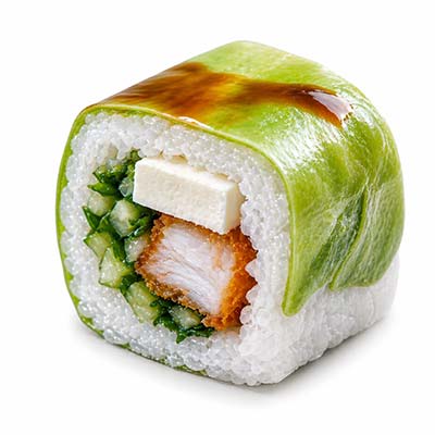 Frühlingsrolle mit gebratenem Hähnchen, Käse, Gurke, grünem Salat und klassischer Remoulade – Easy Sushi